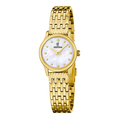 Festina Damenarmbanduhr mit perlmuttfarbenem Zifferblatt und goldfarbenem Edelstahlarmband