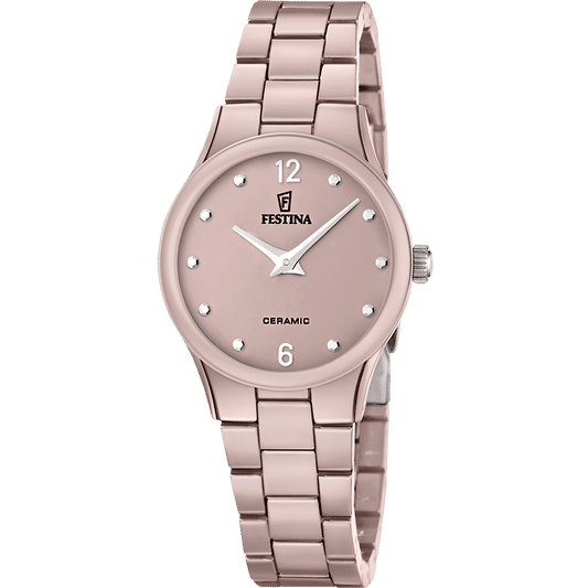 Festina Damenuhr mit rosafarbenem Keramikgehäuse und -armband, rundes Zifferblatt