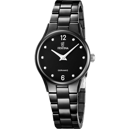 Schwarze Damenarmbanduhr von Festina mit Keramikgehäuse und Keramikarmband, rundem Zifferblatt