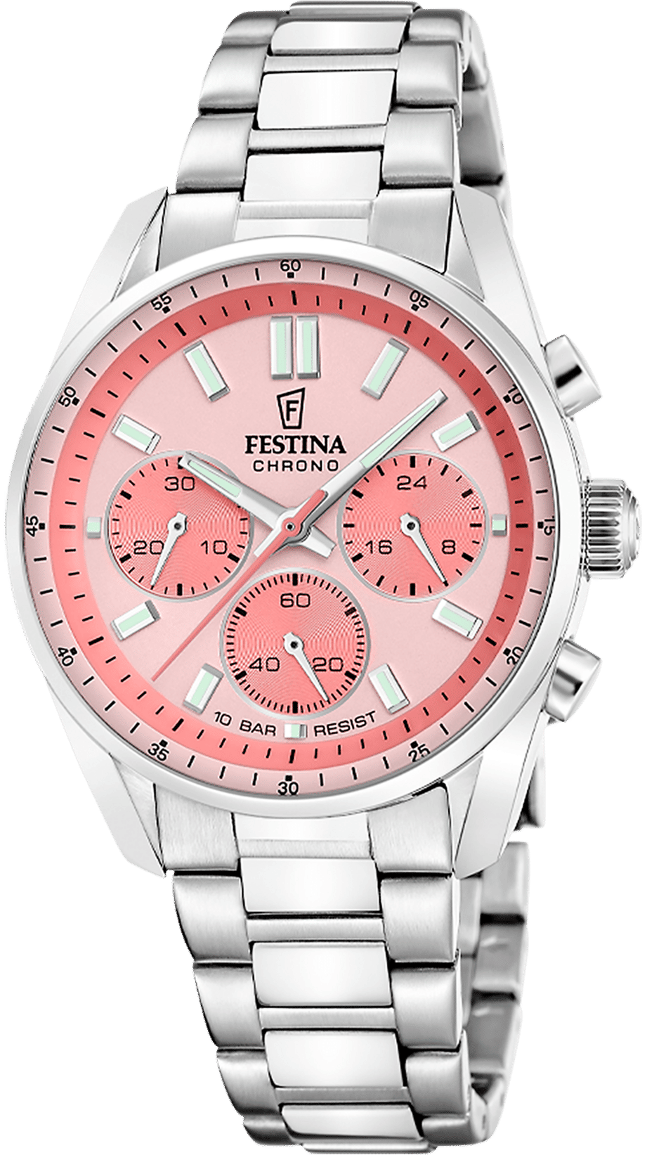 Chronographe en acier inoxydable avec cadran rose et trois sous-cadrans, bracelet en métal