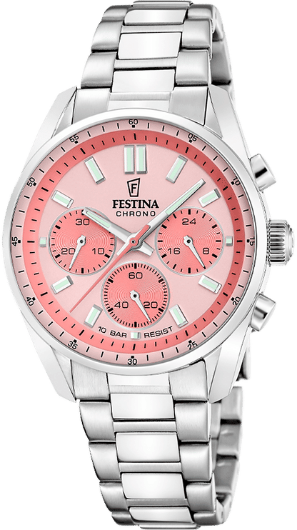 Chronographe en acier inoxydable avec cadran rose et trois sous-cadrans, bracelet en métal