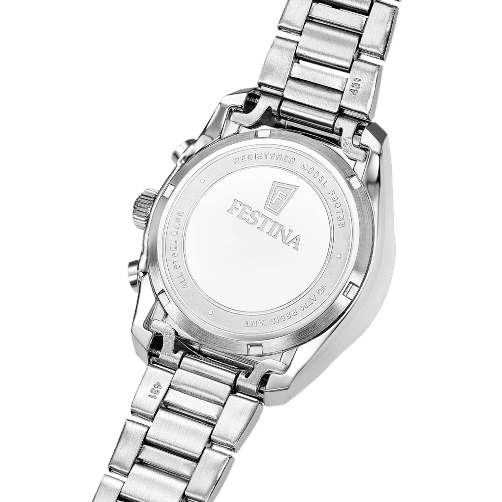 Boîtier de montre en acier inoxydable avec fond gravé « FESTINA » et bracelet en métal
