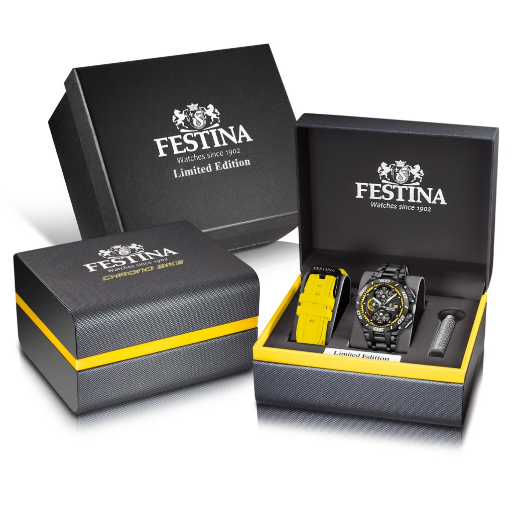 Festina Limited-Edition-Set mit schwarzer Geschenkbox und gelber Uhr im Innenkissen