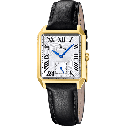 Herrenarmbanduhr mit goldfarbenem eckigem Gehäuse, weißem Zifferblatt und schwarzem Lederband