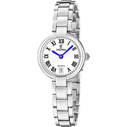 Festina Mademoiselle Armbanduhr mit silbernem Edelstahlarmband und rundem weißem Zifferblatt
