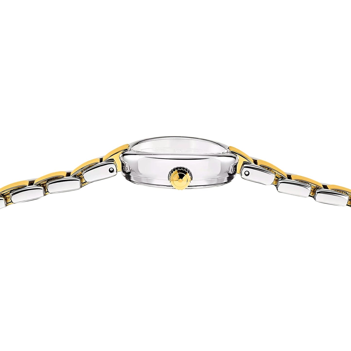 Damenarmbanduhr mit seitlichem Gehäuse und goldfarbenem Kronendetail am Edelstahlarmband
