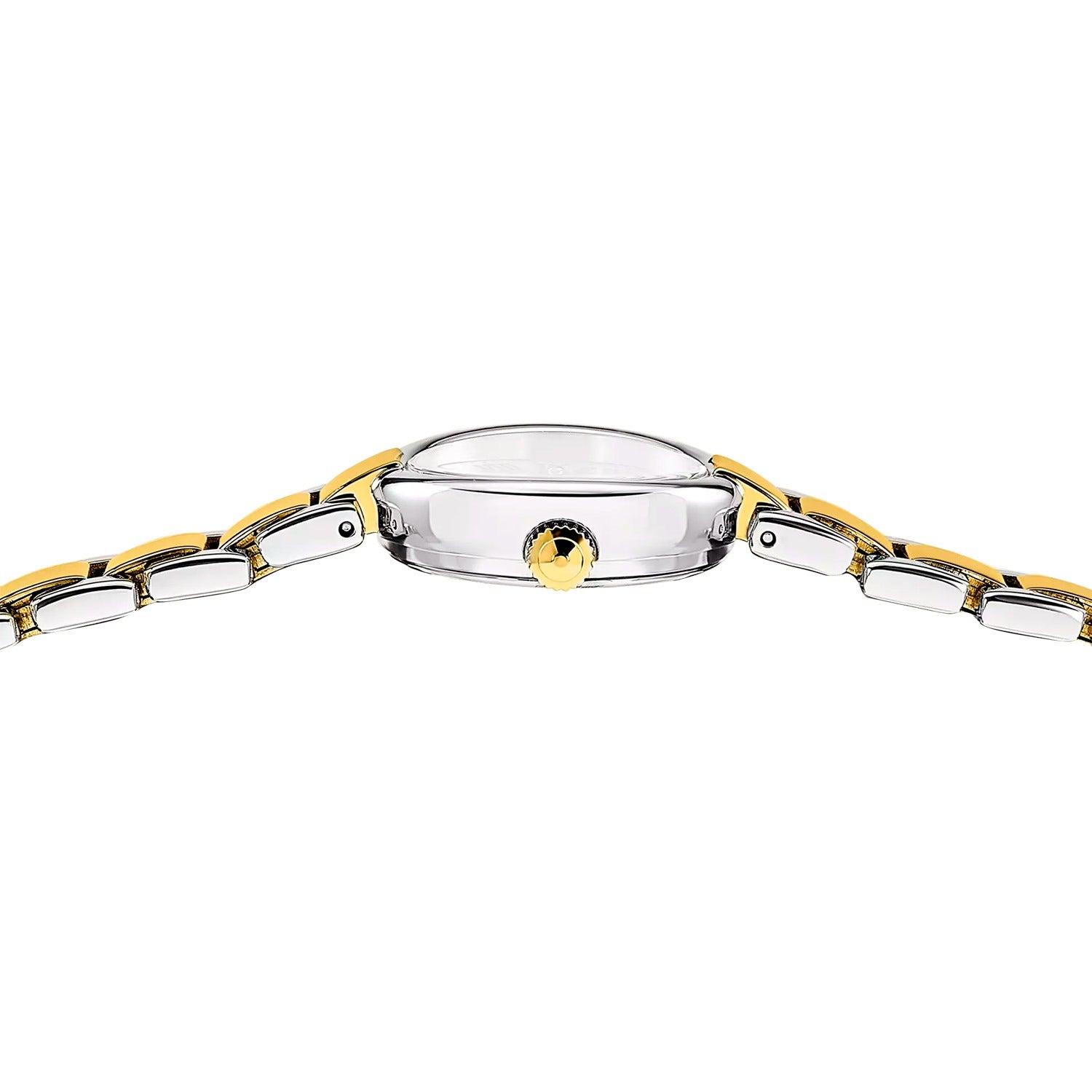Damenarmbanduhr mit seitlichem Gehäuse und goldfarbenem Kronendetail am Edelstahlarmband