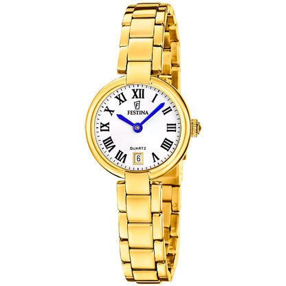 Damenarmbanduhr mit goldfarbenem Metallarmband, rundes Zifferblatt mit römischen Ziffern