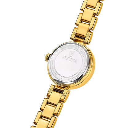 Damenarmbanduhr mit goldfarbenem Gehäuse, Rückseite sichtbar, goldfarbenes Gliederarmband