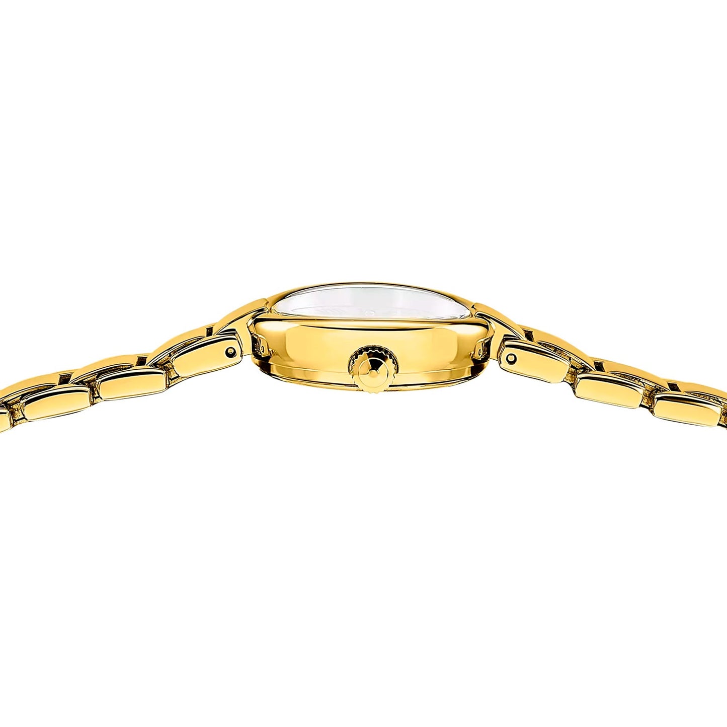 Damenarmbanduhr, Seitenansicht mit goldfarbenem Gehäuse und Gliederarmband