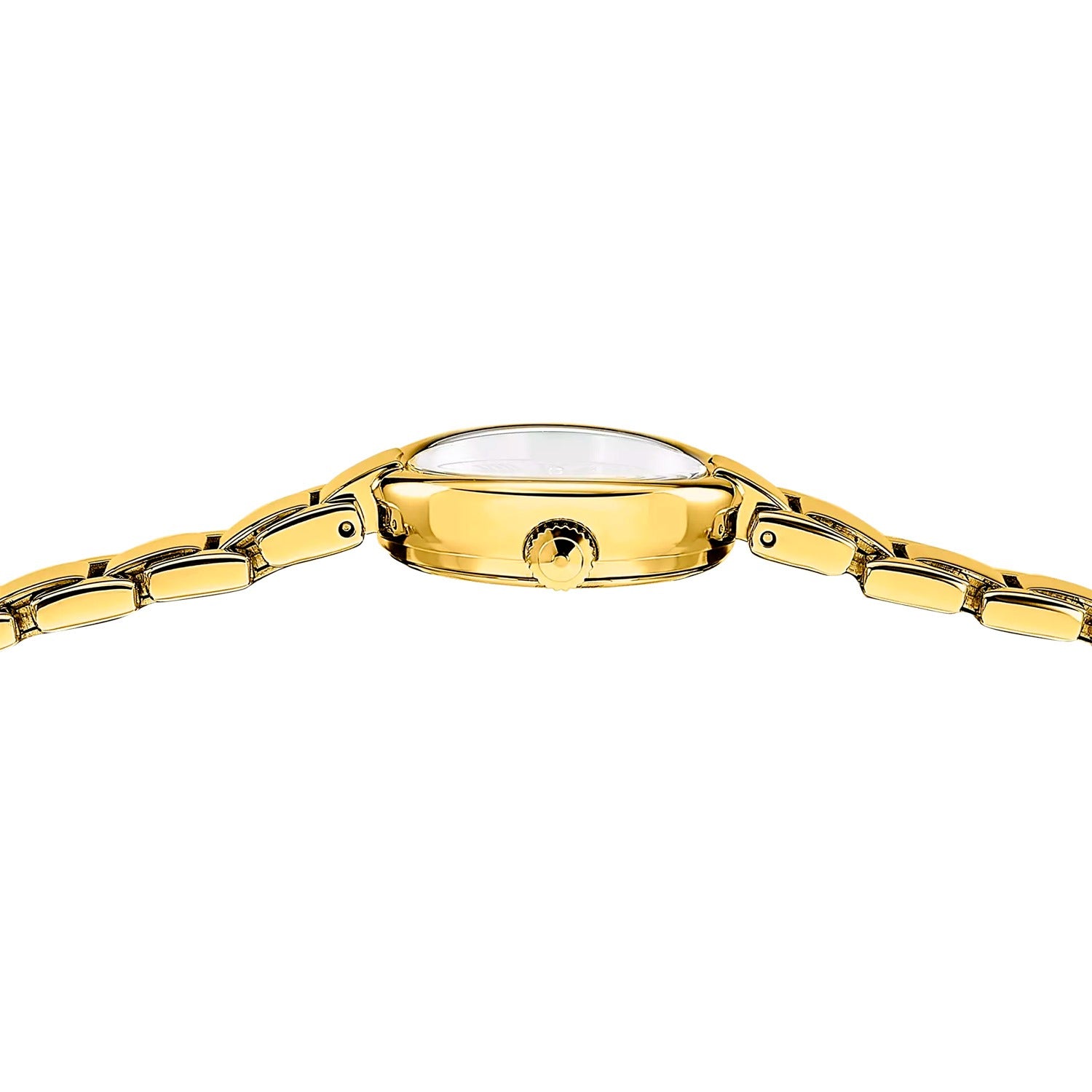 Damenarmbanduhr, Seitenansicht mit goldfarbenem Gehäuse und Gliederarmband