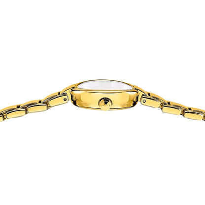 Damenarmbanduhr, Seitenansicht mit goldfarbenem Gehäuse und Gliederarmband