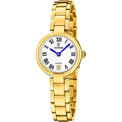 Festina Mademoiselle Damenarmbanduhr mit goldenem Edelstahlband und rundem Ziffernblatt, römische Zahlen