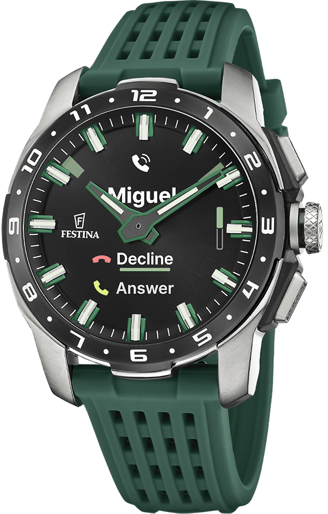 Montre connectée pour homme avec bracelet en silicone vert, cadran noir et index verts