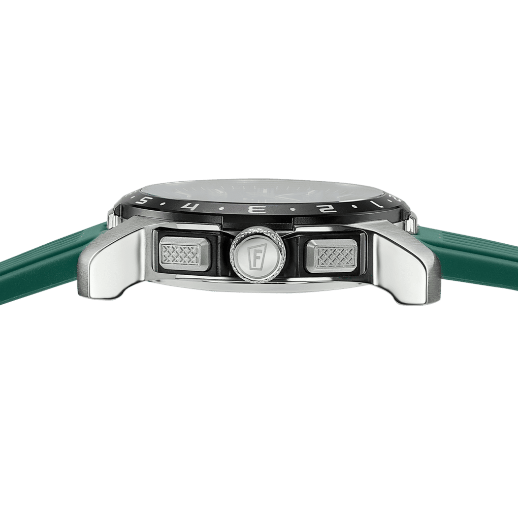 Boîtier de montre de face : lunette noire avec chiffres et commandes, avec bracelet en silicone vert