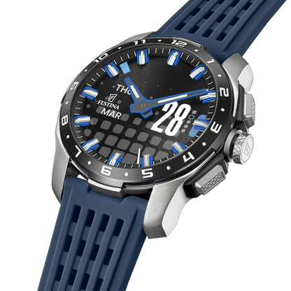Bracelet de montre pour homme en diagonale : cadran noir avec accents bleus et bracelet bleu foncé