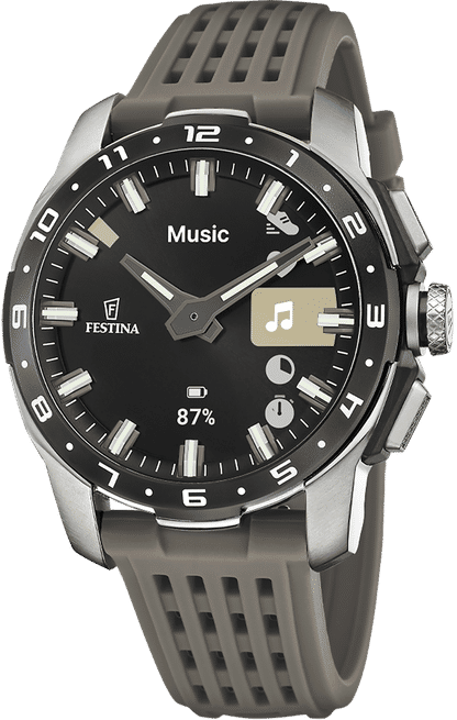 Montre connectée Festina pour homme avec cadran noir, aiguilles argentées et bracelet en caoutchouc gris