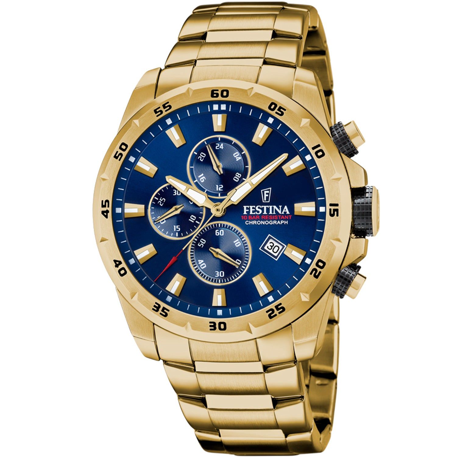 Festina Chronograph-Herrenuhr mit blauem Zifferblatt und goldfarbener Edelstahlkette