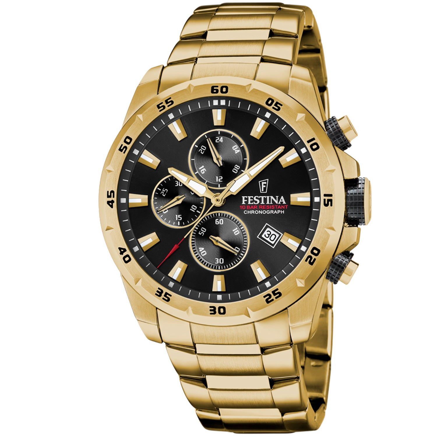 Goldfarbene Herrenuhr mit schwarzem Chronograph-Zifferblatt, drei Chrono-Subdials und Gliederarmband