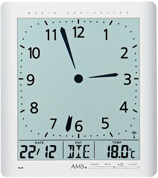 AMS Horloge murale 24x21x3 cm Plastique • Radiopilotée • Analogique & Numérique • Affichage de la température