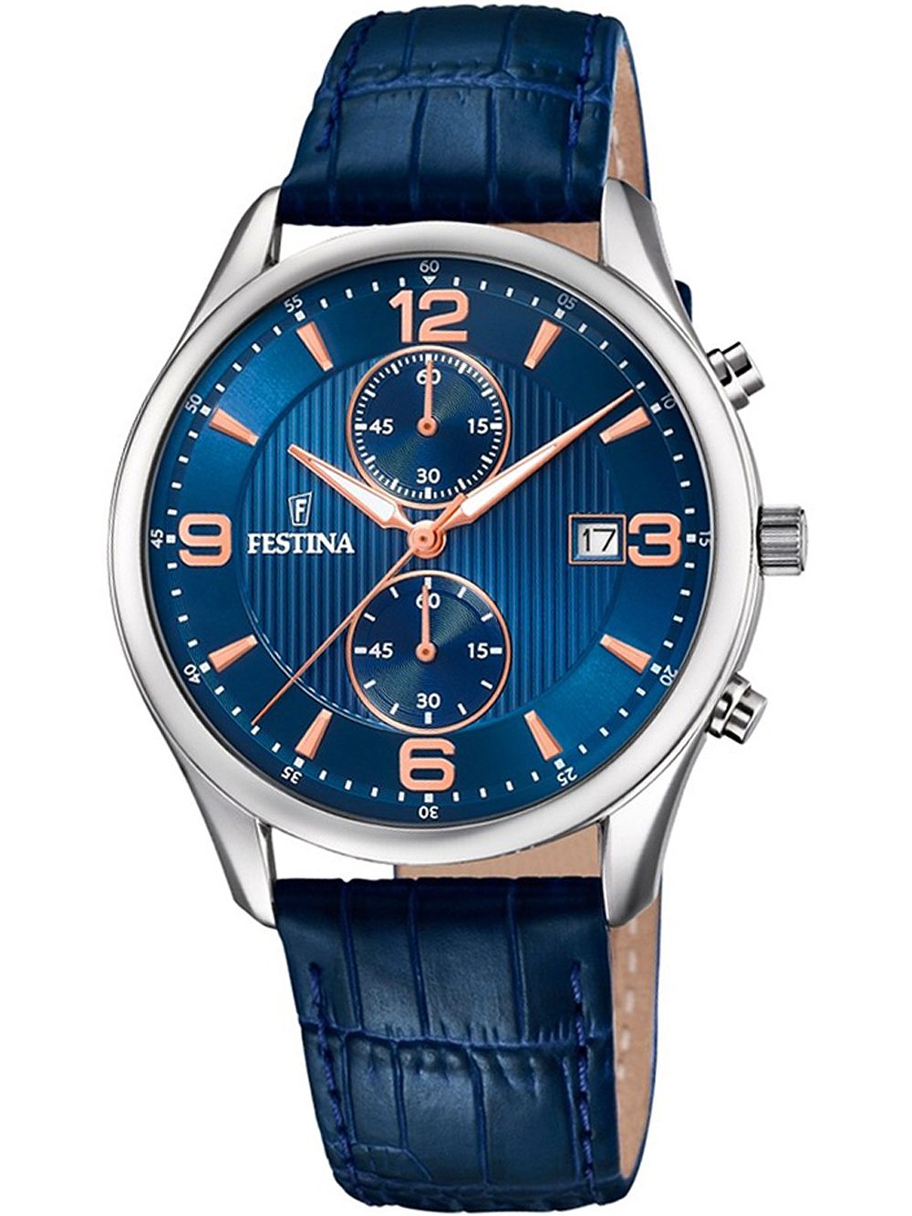 Festina Chronograph mit blauem Lederarmband, rundem Gehäuse und Mineralglas