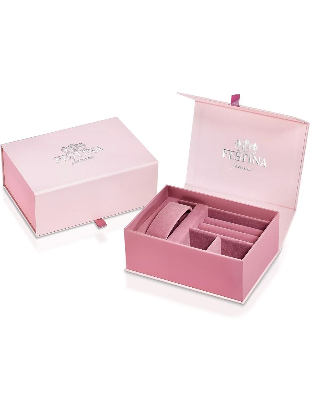 Festina Damenuhr in rosafarbener Geschenkbox, geöffnet mit Einsatz für Uhrarmband