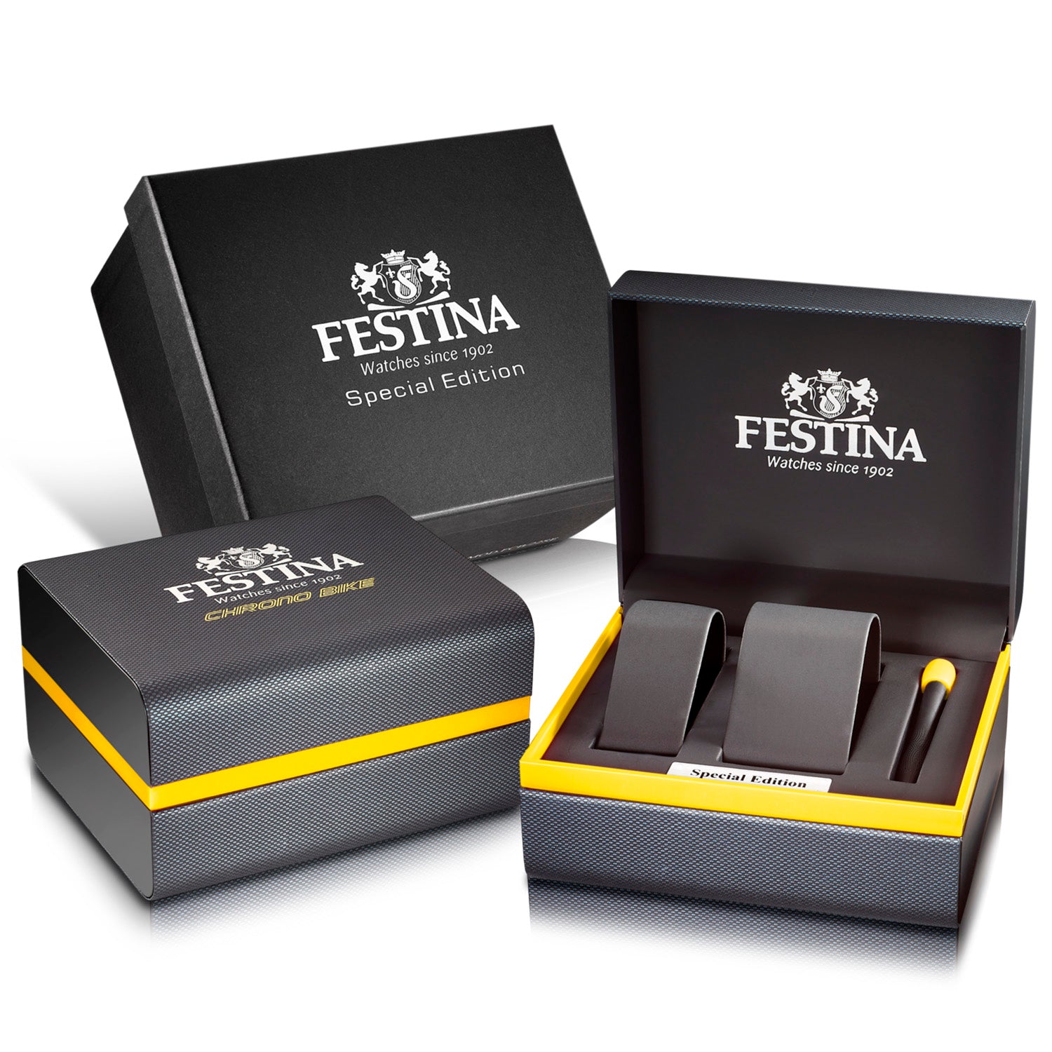 Festina Uhrenbox-Set mit Deckel und Einsatz, schwarzer Karton mit Logo und gelbem Rand