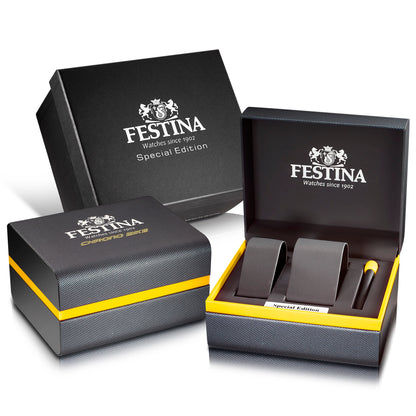 Festina Uhrenbox-Set mit Deckel und Einsatz, schwarzer Karton mit Logo und gelbem Rand