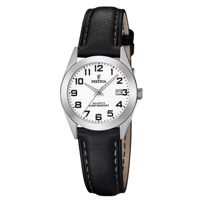Festina Damenuhr mit schwarzem Echtlederarmband, silbernem Gehäuse und weißem Zifferblatt