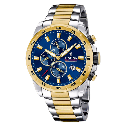 Festina Chronograph Herrenuhr mit blauem Zifferblatt und gold-silbernem Edelstahlband
