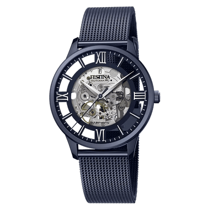 Herrenuhr mit Automatikwerk, blauem Meshband und Skelettzifferblatt mit römischen Ziffern