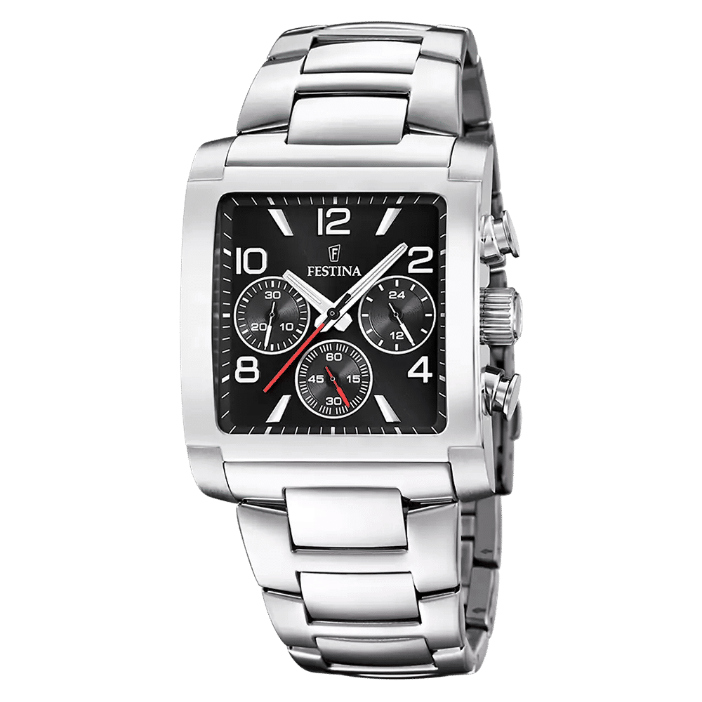 Herren-Chronograph mit silbernem Edelstahlarmband und schwarzem Zifferblatt