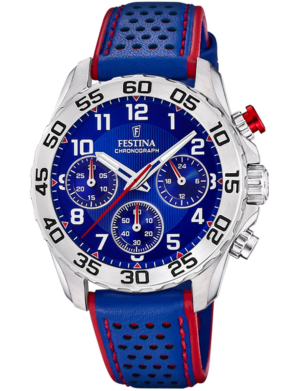 Kinderuhr mit blauem Echtlederarmband, silbernem Gehäuse und Chronograph-Zifferblatt