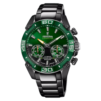 Festina Connected Herrenuhr mit grünem Zifferblatt und Stahlarmband, markantem 3-Zeiger-Design