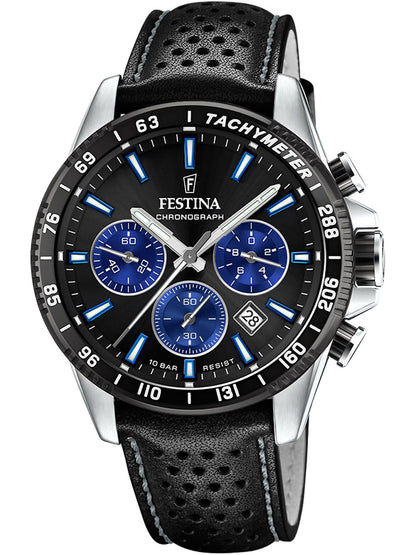 FESTINA Chronograph Herrenarmbanduhr mit schwarzem Zifferblatt und Lederband, blaue Zähler
