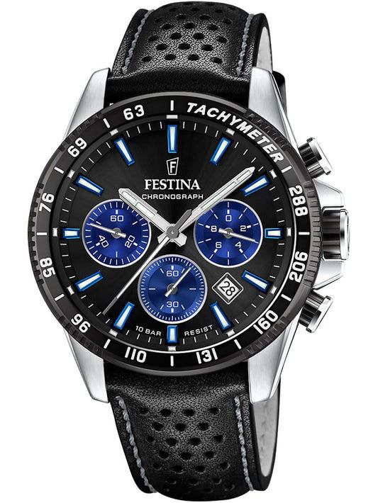 Męski zegarek FESTINA Chronograph z czarną tarczą i skórzanym paskiem, niebieskie tarcze pomocnicze
