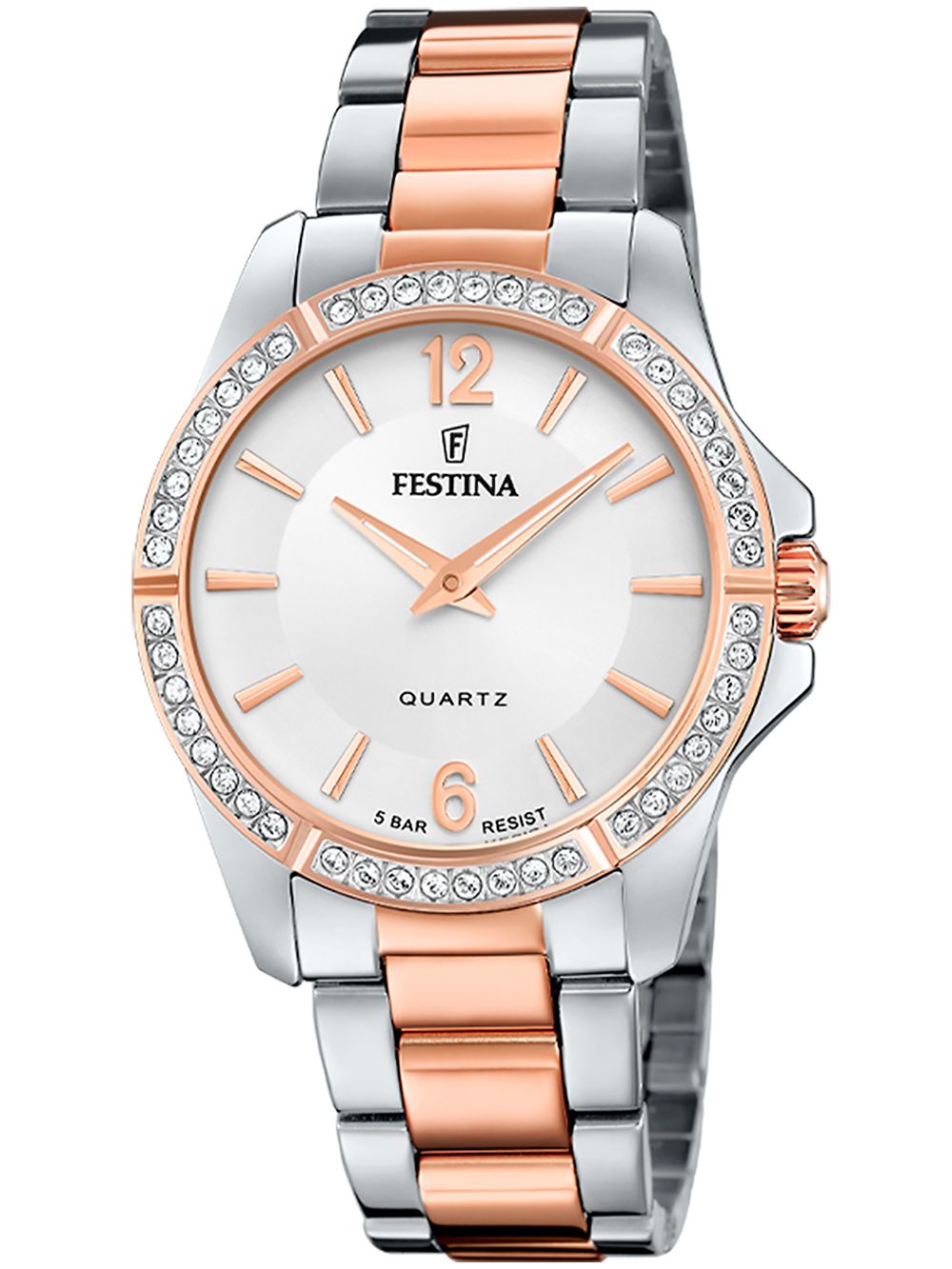 Bicolor-Damenuhr mit weißem Zifferblatt, Zirkonsteinen an der Lünette und Metallarmband