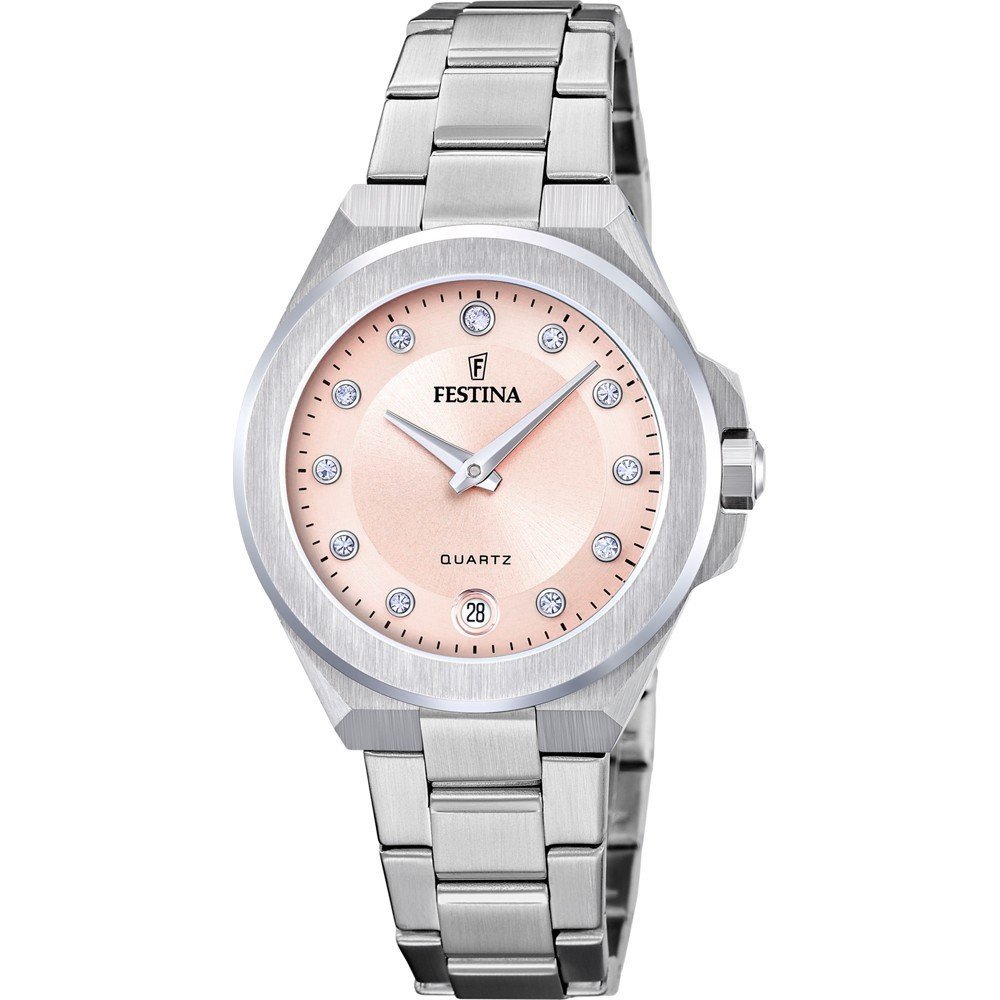 Festina Mademoiselle Damenarmbanduhr: rosa Zifferblatt, silbernes Edelstahlband, rundes Gehäuse