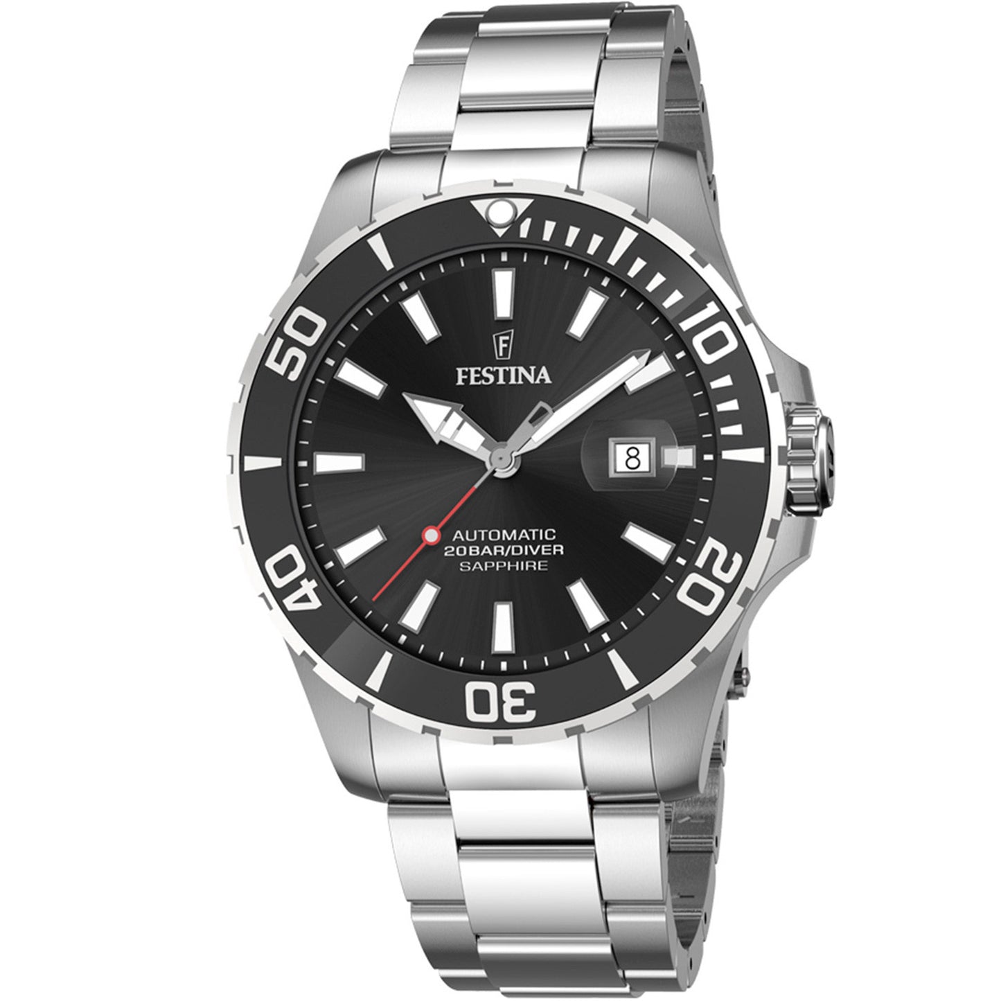 Festina Herren-Diver-Uhr: schwarzes Zifferblatt, Edelstahlband und geriffelte Lünette