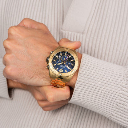 Herren-Chronograph mit blauem Zifferblatt und Edelstahlarmband, goldfarbenes Gehäuse