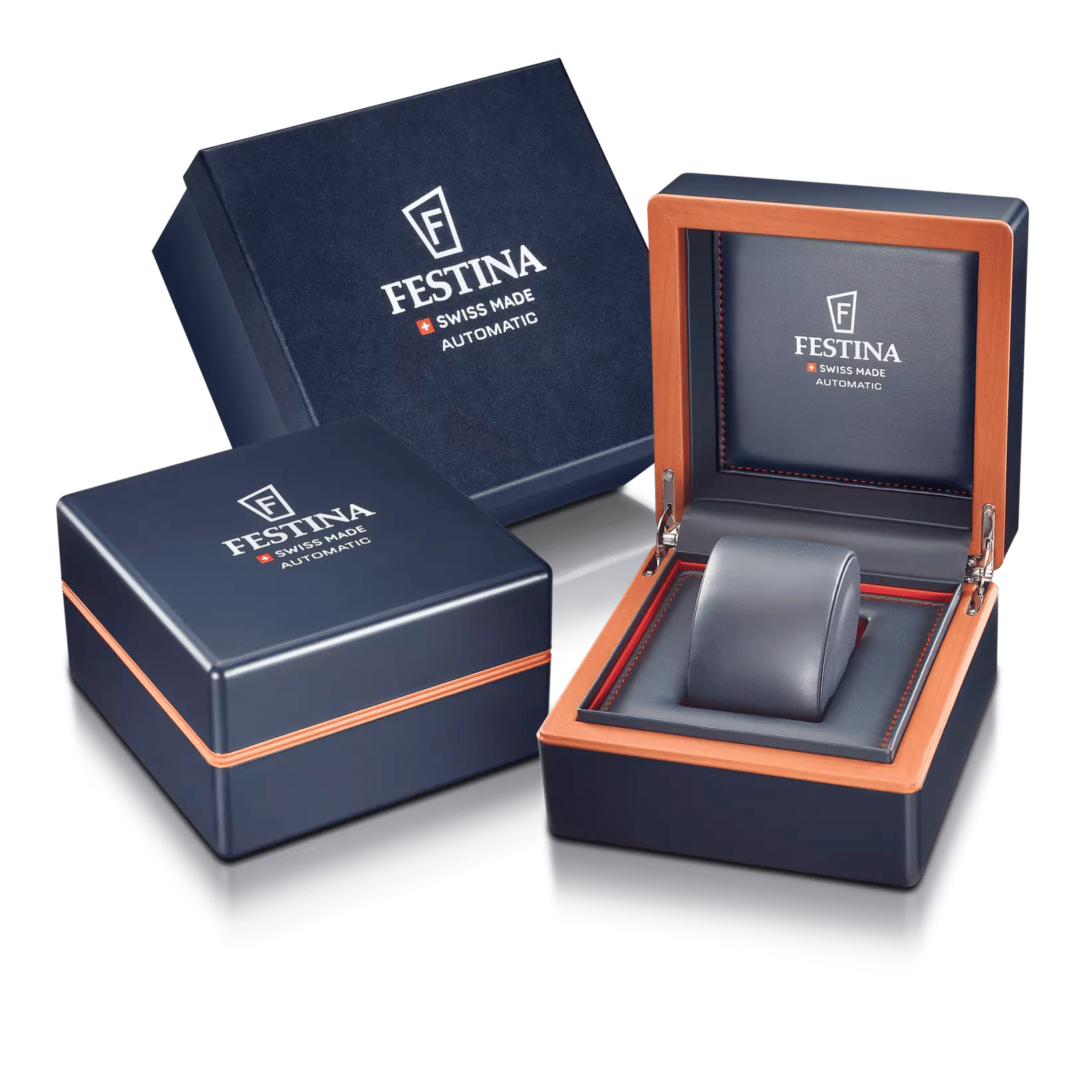 Damenuhr-Set: dunkelblaue Uhrenbox mit roségoldenen Kanten und grauem Polsterkissen