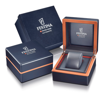 Damenuhr-Set: dunkelblaue Uhrenbox mit roségoldenen Kanten und grauem Polsterkissen