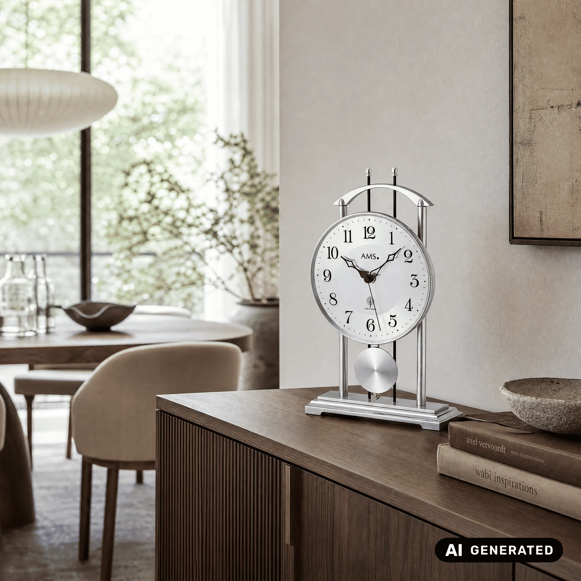Tischuhr mit weißem Ziffernblatt, pendelndem Gewicht und Funkuhr-Mechanik, silber