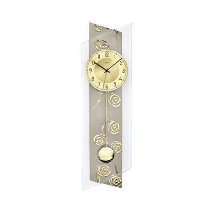 Wanduhr im Mineralglas mit goldenen Rosen, Pendelstab und analogem Ziffernblatt