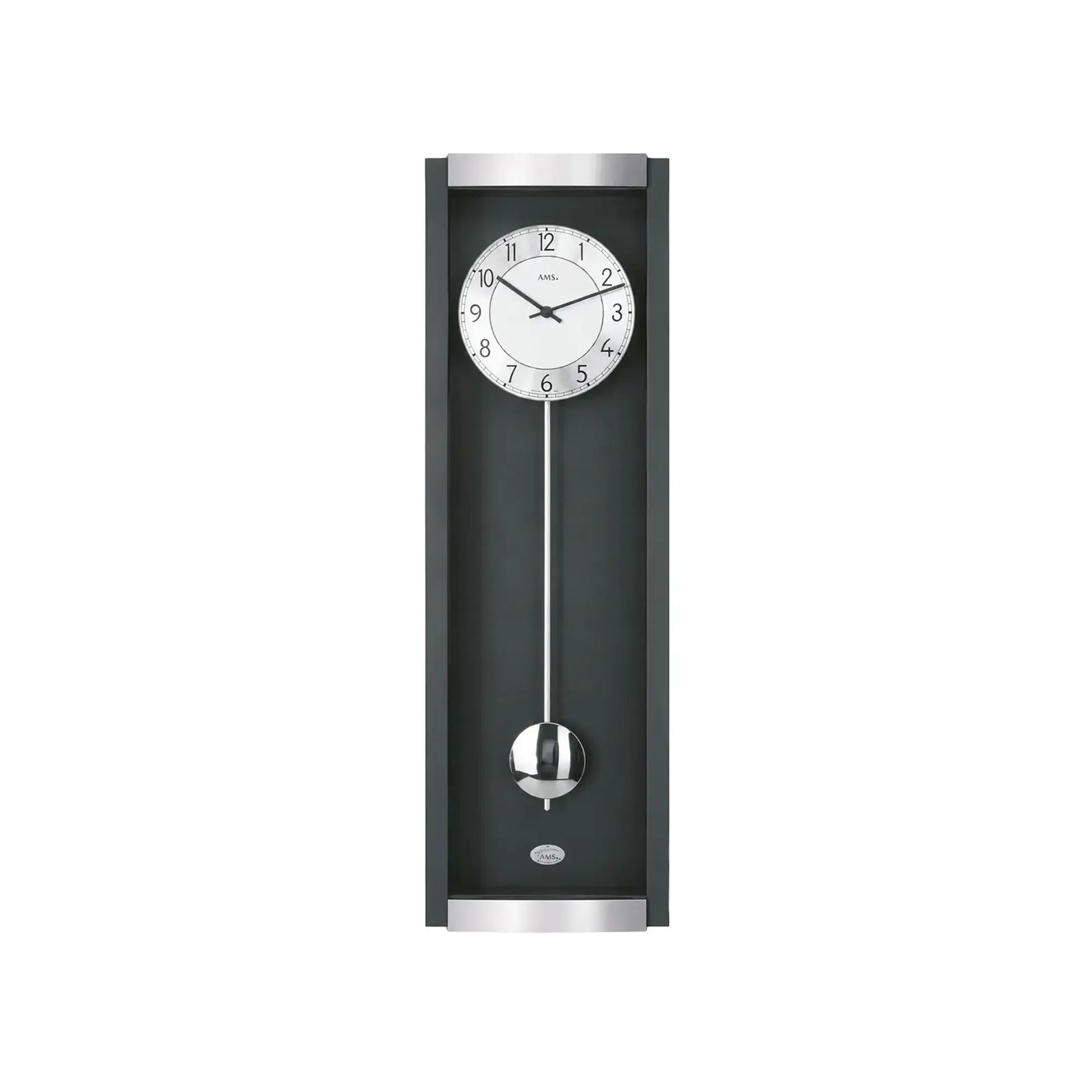 Wanduhr mit schwarzem Rahmen, rundem Ziffernblatt und sichtbarem Pendel