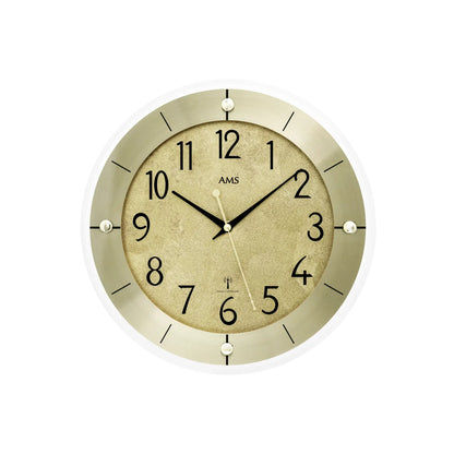 AMS Funk-Wanduhr Messingantik mit weißem Rand und Facetten-Mineralglas