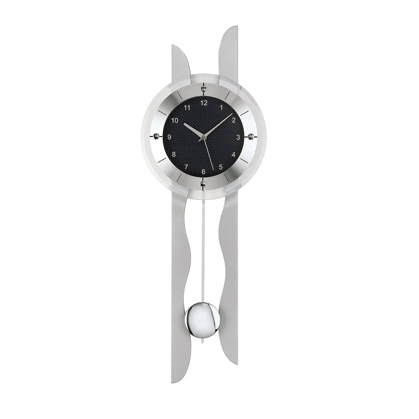 Wanduhr mit silbernem Funkpendelwerk, rundem Zifferblatt mit Zeigern und Pendelgewichten