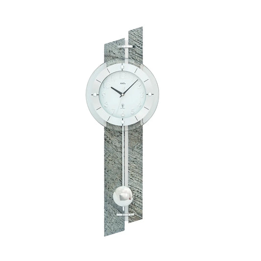 Wanduhr mit rundem Ziffernblatt, Glasfront und Pendelwerk, silbernes Metallgehäuse