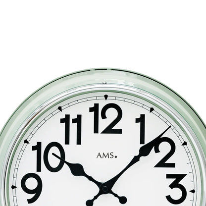 Wanduhr mit mintfarbenem Rahmen und Mineralglas, schwarzem Ziffernblatt, AMS