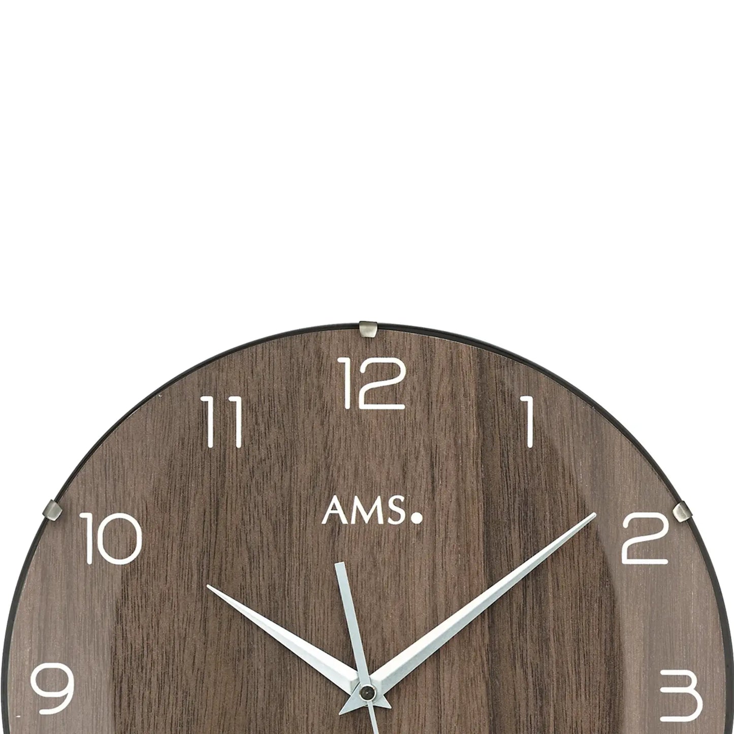 AMS Funk-Wanduhr mit nussbaumfarbener Holzoptik, gewölbtem Glas, weißen Ziffern